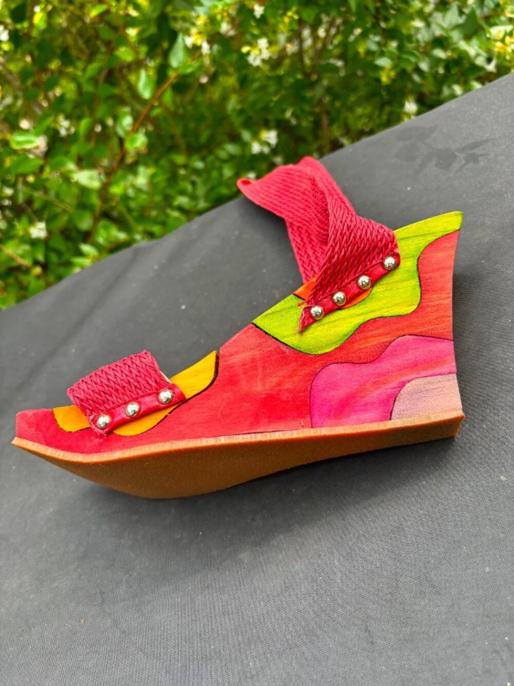Paloma Barcelo Colorful Wood Wedge Sandals with Ballet Strap Ties Size 7